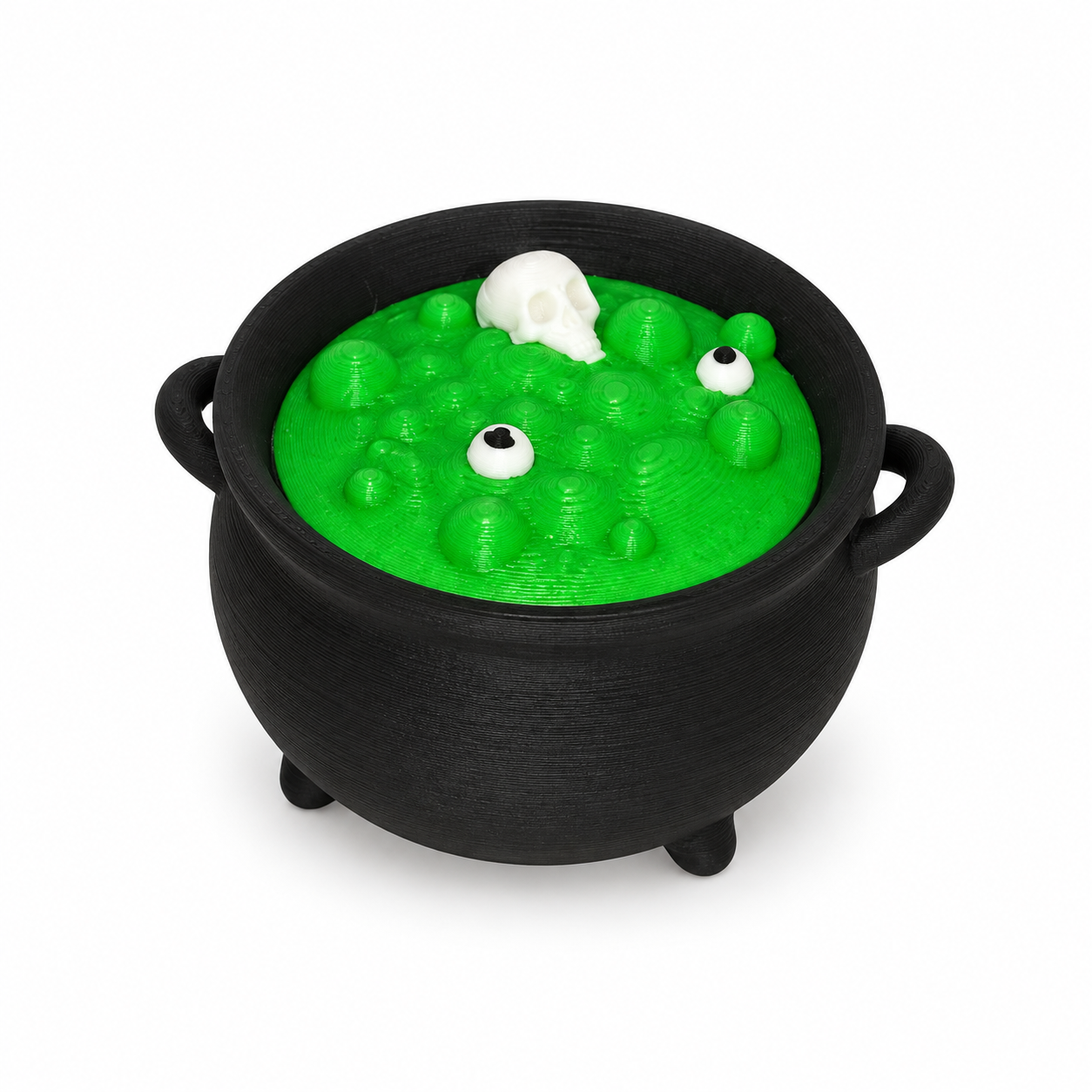 Black Halloween cauldron clicker with bright-green bubbling potion, eyeballs, and a skull