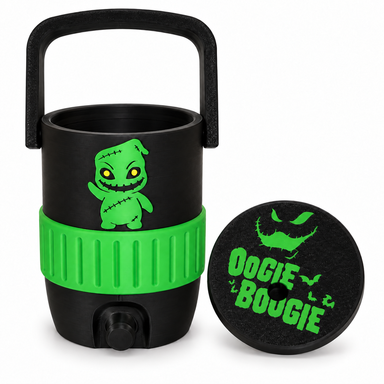 Black and bright-green Oogie Bougie Halloween can koozie with handle and matching lid