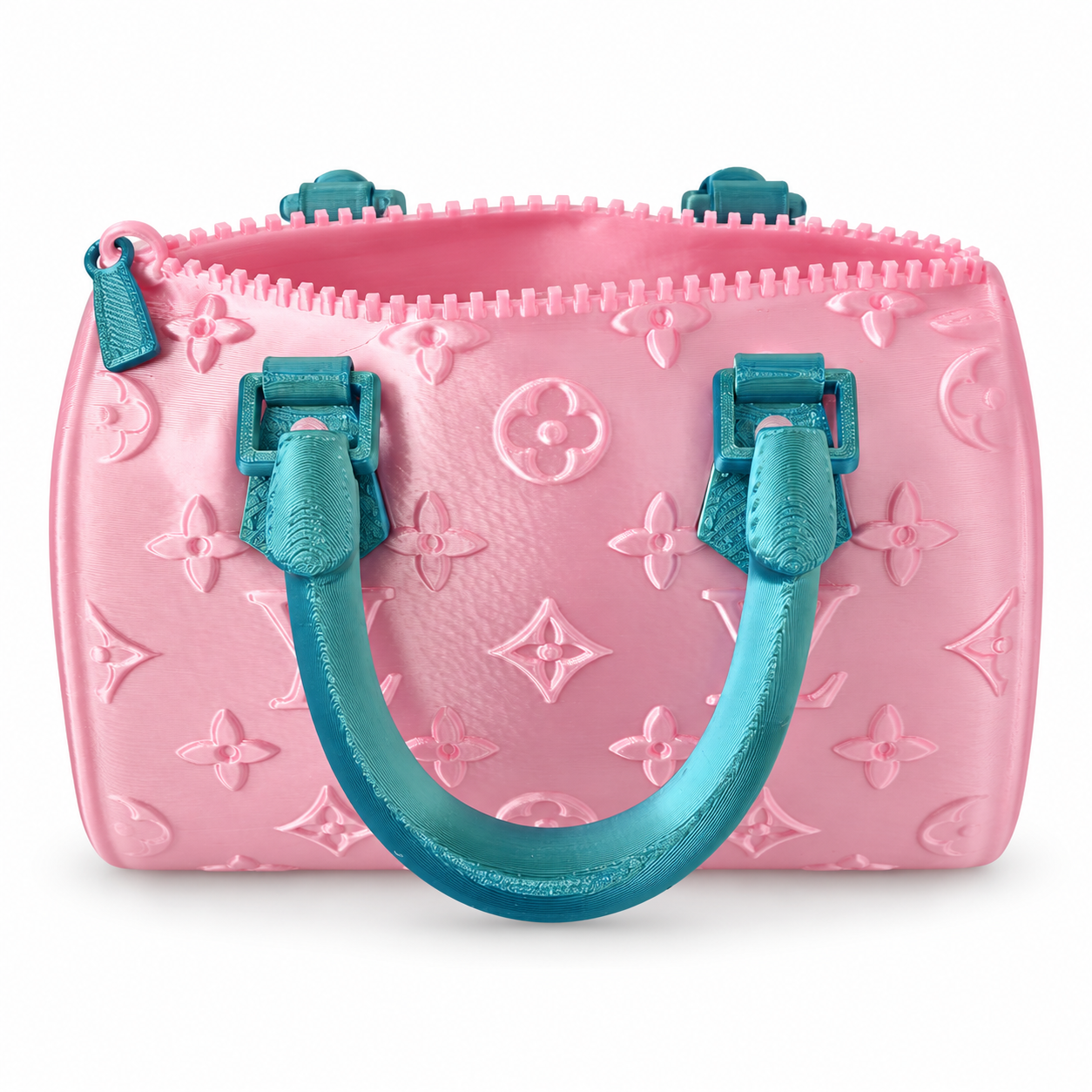 Pink 3D-printed purse vase with a teal handle, zipper pull, and raised floral pattern