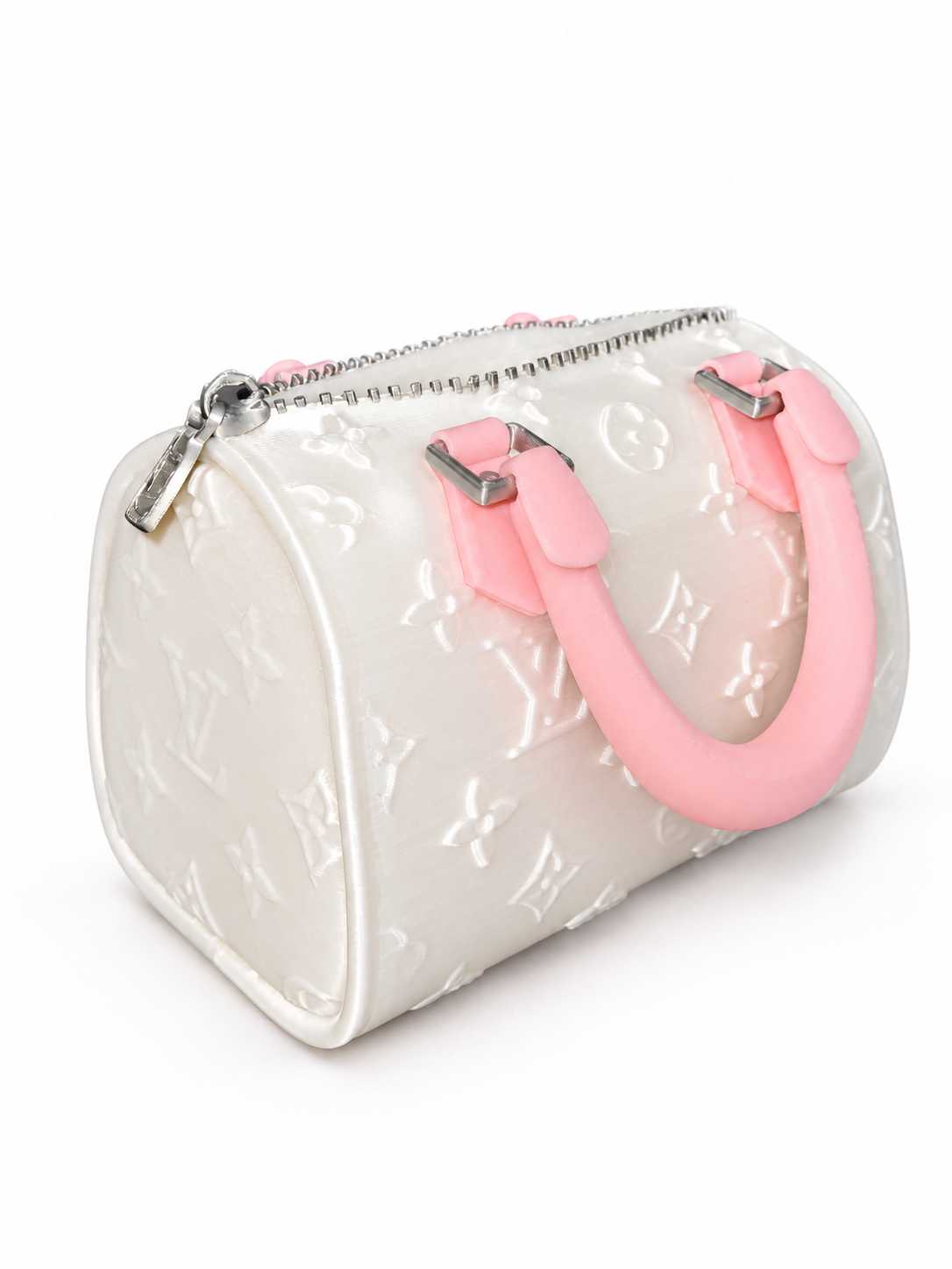 White purse vase with pink handles and silver hardware